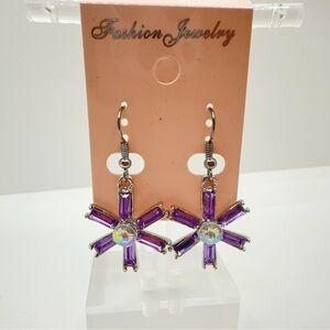 Korean Fashion Purple Starburst White Rhinestone Sparkle Dangling Hook Earrings